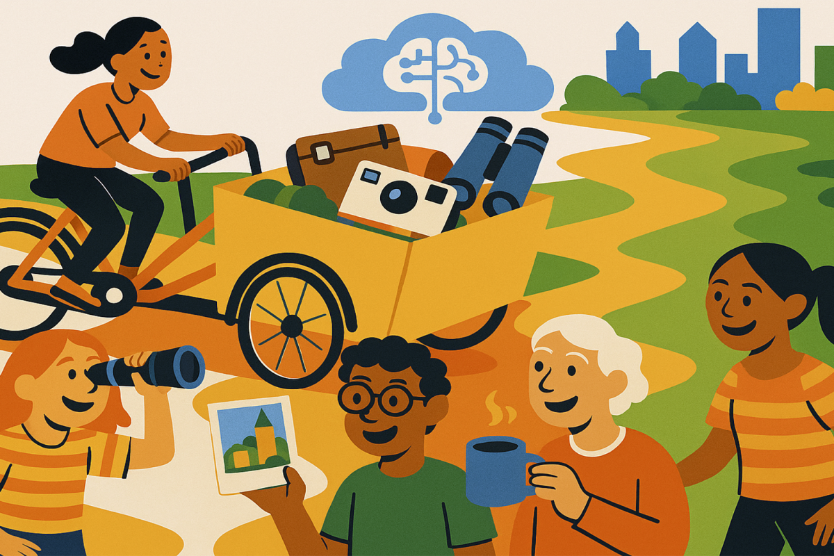 Illustration von diversen Personen, die mit Lastenrad, Kamera und Fernglas eine Stadt erkunden. Stadtsilhouette mit digitalem Wolkensymbol im Hintergrund.